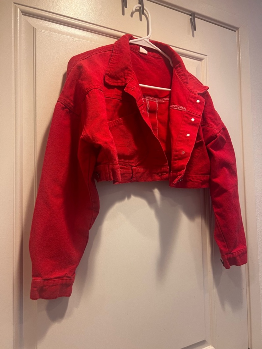Cropped Red Denim Jacket